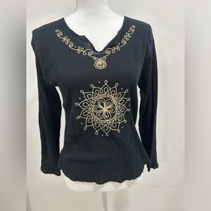 Vintage 100  cotton percent black Embroidered Women's Top long sleeve ,